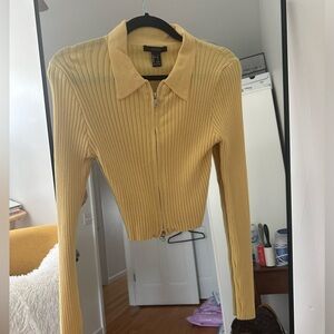 Forever 21 Yellow Collared Sweater Zip Up Top - Size: L - Perfect for spring!!!
